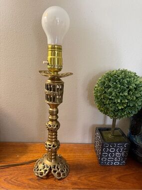 Vintage Gold gilt floral brass candle holder converted into lamp